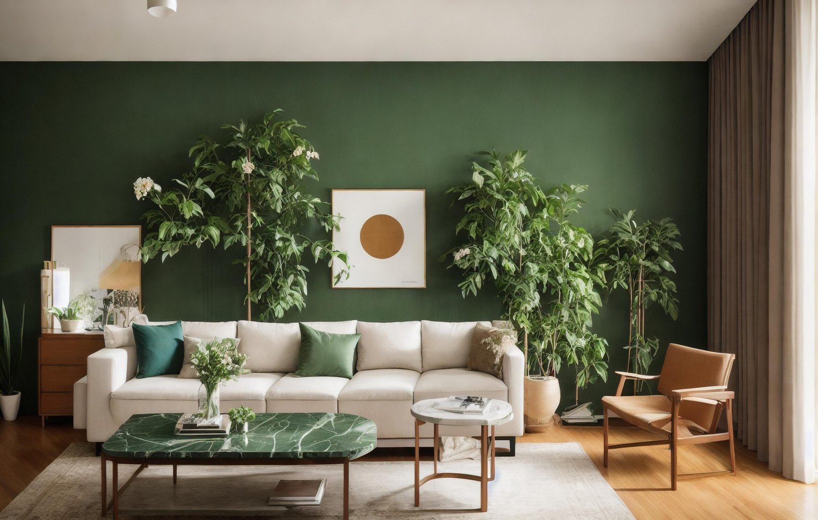 Intérieur de salon moderne avec des touches de vert, incluant un canapé crème, des plantes, une table en marbre et des éléments en bois, sous une lumière naturelle.